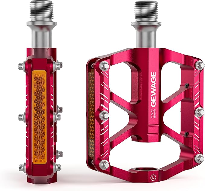 Mountain Bike Pedals - 3 Bearings Bicycle Pedals with Reflectors - 9/16” CNC Machined Flat Pedals with Removable Anti-Skid Nails for Road Mountain BMX MTB Bike