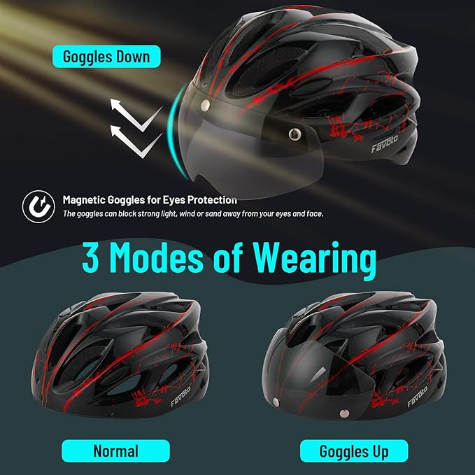 Favoto Bike Helmet Adult - Bicycle Helmet for Men Women Lightweight Cycling Helmets with Led Light Detachable Magnetic Goggles, Breathable Road Bike Mountain Ebike Helmets Adjustable Dial Fit