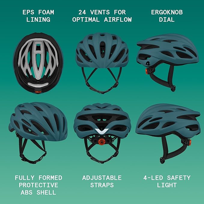 Retrospec Silas Road Bike Helmet with 24 Air Vents & Built-in LED Safety Light - Adjustable Adult Cycling Protection 54-61cm - Padded & Lightweight Design