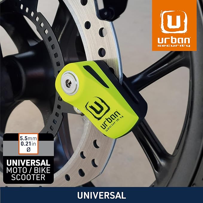 URBAN UR955Y Motorcycle Disc Lock, Compact and Effective Security, More Visible More Deterrent, Quick Click Locking, Universal Anti Theft Wheel Brake Lock for Motorbike Scooter Electric Bike Bicycle