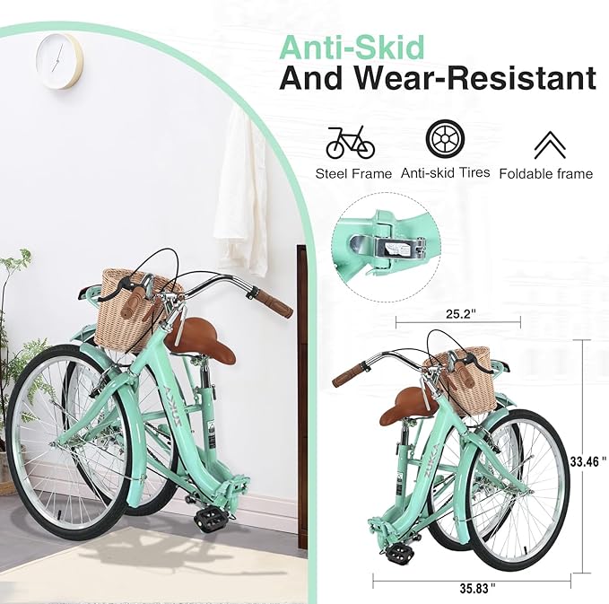 24/26 inch Female Bicycle Single Speed Folding Lady Bike, Durable Steel Frame,Compact Design for Easy Storage and Commuting Multi Color