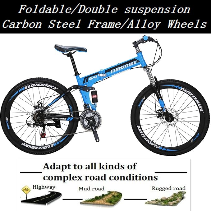 EUROBIKE Mountain Bike, 21 Speed, 26/27.5 Inches, Dual Suspension, Folding, for Men