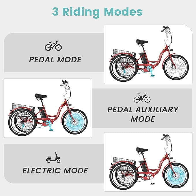 Electric Tricycle for Adults Seniors, 24/26 Inch 3 Wheel E-Trike, 350W Motor (700W Peak), Removable 36V Battery, Up to 15.5MPH, 25-60Mile Range, Low Step-Through, Rear Basket, 350lbs Capacity, 7 Speed