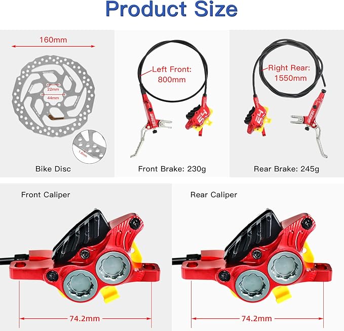 IIIPRO MTB 4 Pistons Hydraulic Disc Brake Set Left Front 800mm Right Rear 1550mm with 160mm Rotors, Mountain Bike Bicycle Disc Brake Kit with Ceramic Brake Pad for eBike, Road Bike, Fat Bike