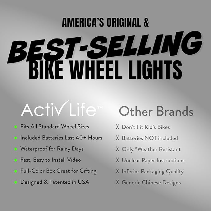 Activ Life 2-Tire Pack LED Bike Wheel Lights with Batteries Included, Get 100% Brighter and Visible from All Angles for Ultimate Safety and Style