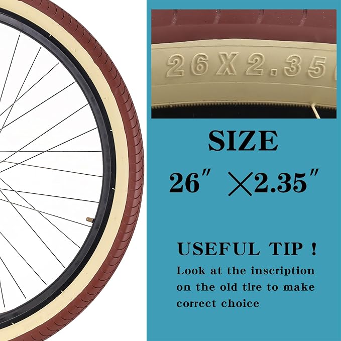 SIMEIQI 26x2.35 20x2.35 Inch Cruiser Beach Bike Tire Black White Wall or Brown Cream Wall Folding Replacement Bicycle Tire for Hybrid City Commuter Trail