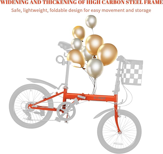 20” Folding Bike for Adult Men Women, 7 Speed Foldable Commuter Bike with Detachable Basket, Lightweight Folding Bicycle with Adjustable Seat & Front and Rear V-Brakes,Outdoor Beach Cruiser Bike