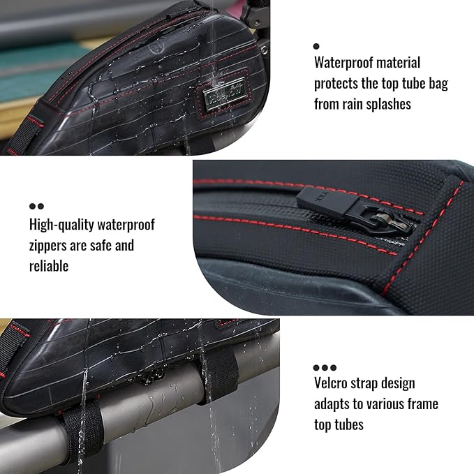 RideRow Compact Bike Top Tube Bag – Waterproof Bicycle Frame Pouch, Fits Up to 6.1" Phone, Narrow No-Rub Design, Secure 3-Point Mount, Cycling Storage for Mountain & Road Bike (Black)