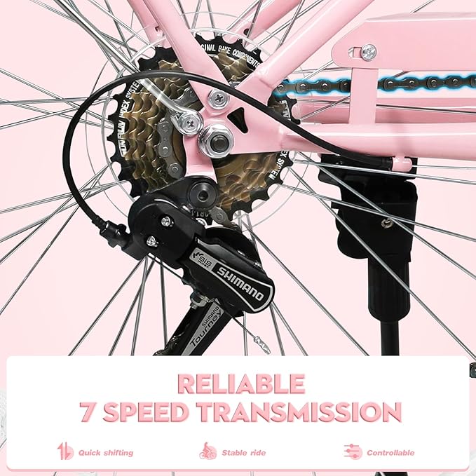 26 Inch Folding Beach Cruiser Bike for Women, 7-Speed Ladies Bike with Basket & Rack, Perfect for City Commuting's Bicycle, Ideal for Women and Adults