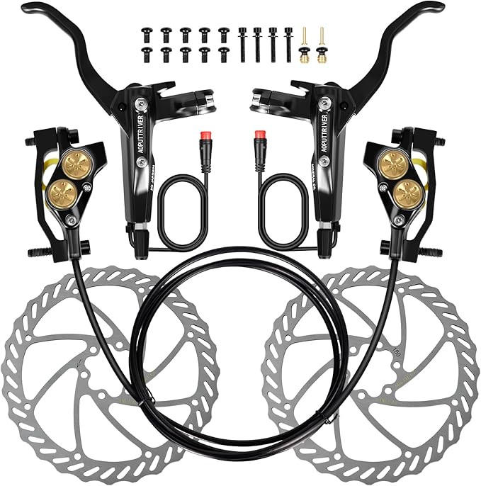 4 Pistons E-Bike Electric Power-Off Hydraulic Disc Brake Set for 2-PIN, 610NM Dry Braking Force, Aluminum Alloy Brake Lever with 180mm Rotors for Mountain Bike, Road Bike