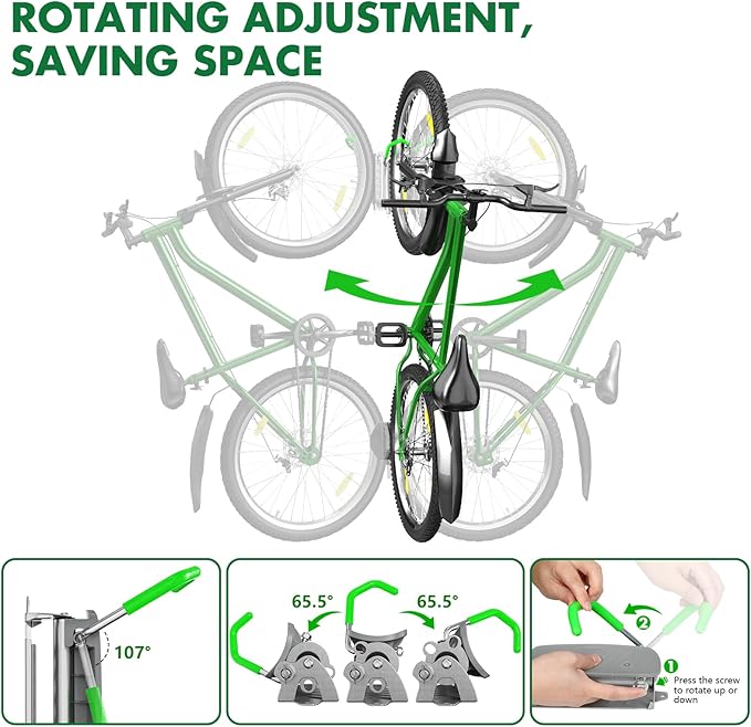 Swivel Bike Wall Mount Rack, Bike Hangers for Garage, 150° Swivel & Space-Saving Vertical Bike Hangers for Storage, Sturdy Bike Stand Holds Up to 66lbs, Easy to Install，2Pack
