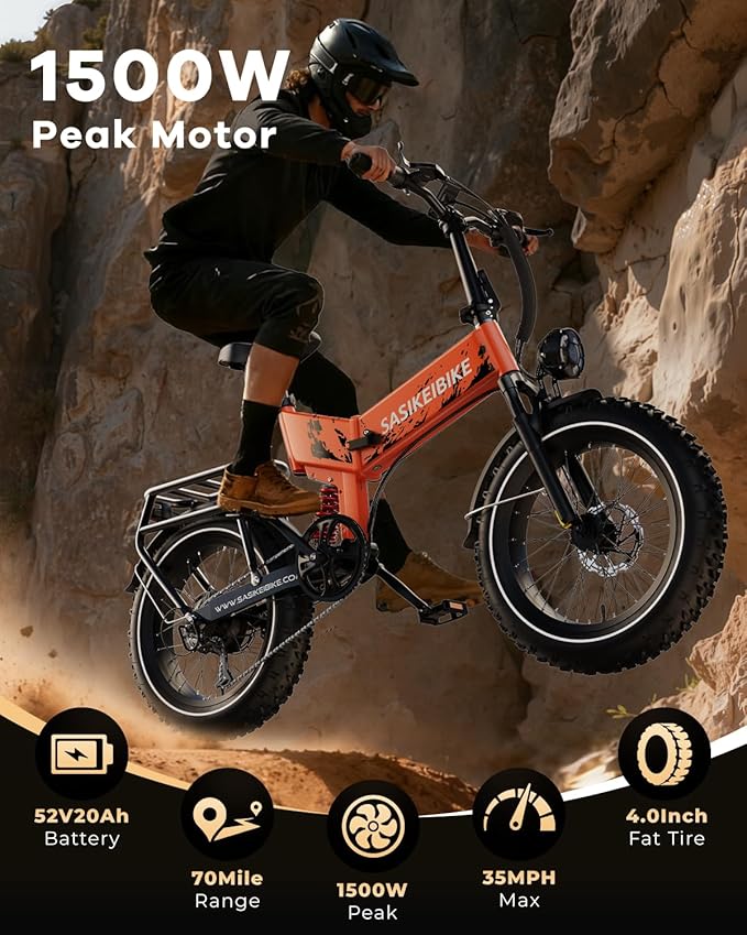 1500W Folding Electric Bike for Adults,52V 20Ah Removable Battery Ebike with 30+MPH 70 Miles Max,20" x4.0 Fat Tire E-Bike, Foldable Dual Suspension Electric Bicycle for Commute,Mountain