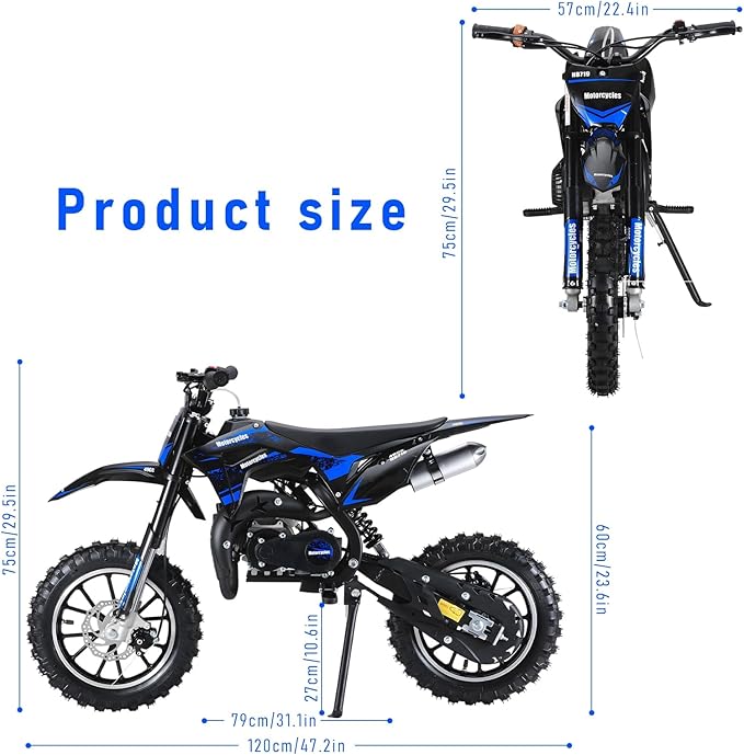 cdar Kids Dirt Bike, 49cc Gas Dirt Bike for Teens - 25MPH 2-Stroke Pit Bike with Hydraulic Disc Brakes & 10" Off-Road Tires Ages 13+ Max180lb Load Christmas for Boys Girl Blue