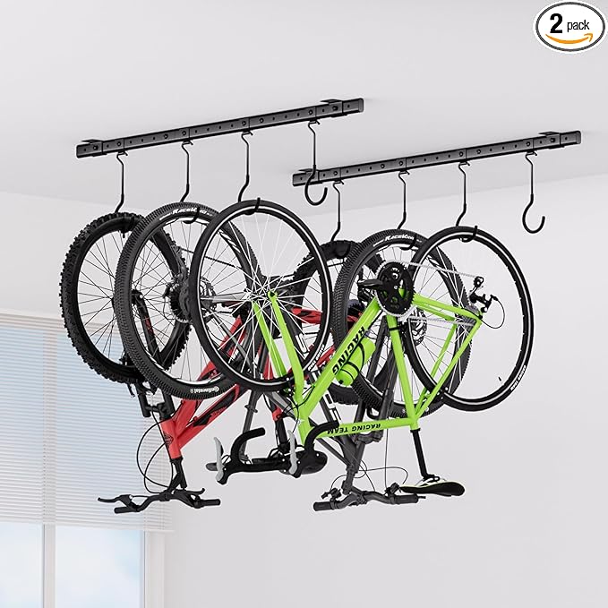 Urban Deco Ceiling Mounted Bike Rack for Garage, Indoor Metal Bike Hanger with 8 Adjustable Ceiling Hooks Hold 4-8 Bikes, Space-Saving Garage Bike Storage for Storing Bike (2-Piece Set)