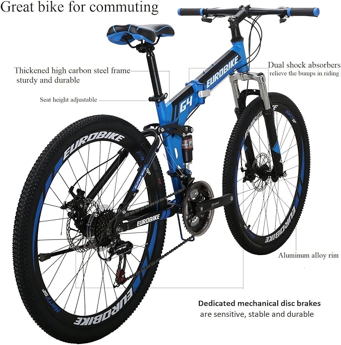 EUROBIKE Adult Folding Mountain Bike HY G4/G6 Foldable Bicycle for Women 26 Inch Wheels 21 Speed Mens Folding Bike Dual Suspension MTB Bicycle