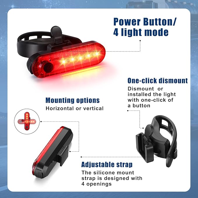 20 Pack USB Rechargeable LED Bike Tail Light Bicycle Rear Waterproof Bike Lights for Night Back Bicycle Taillights, 4 Light Mode Options, 20 USB Cables Included(Red, White)