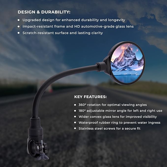 Bike Mirror Handlebar Mount (1 Pcs) 360° with 2 straps, Adjustable Bike Rear View Mirror with Anti-Glare, Shatterproof-mirrors for ebike, Scooter, Mountain & Road Bikes