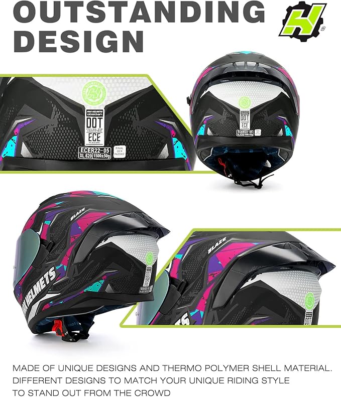 HAX Obsidian Full Face Dual Visor Adult Motorcycle Helmet for Motorbike Street Bike with Pinlock Ready DOT Approved (Blaze Fuchsia,XL)