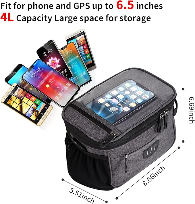Bike Handlebar Bag,Large Bicycle Front Storage Pouch Bag,6.5 inch Transparent Pouch with Shoulder Strap