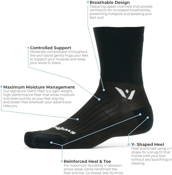 Swiftwick- PERFORMANCE Crew Cycling Socks, USA Made, Max Durabiltiy, Moisture Wicking Socks