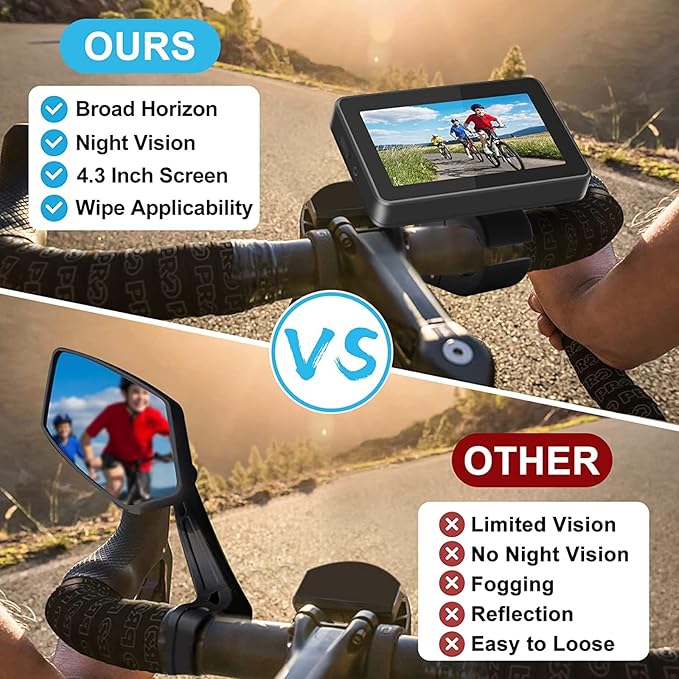 PARKVISION Bike Rear View Mirror,1080P AHD Bicycle Rear View Camera with 4.3''Screen,360°Rotatable Bracket, 5000mAh Battery Bike Handlebar Mirror with 110°Appropriate Angle for Most Bikes