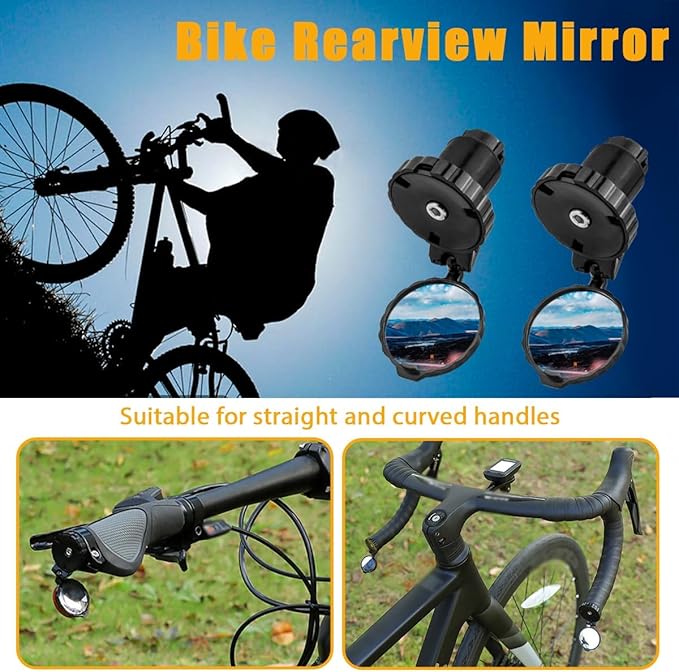 2 Pcs Bar End Bike Mirror, 360° Adjustable Handlebar Bar End Rear View Mirrors HD Glass Convex Lens E-bike Mirrors for Mountain Bikes, Bicycles, Scooters