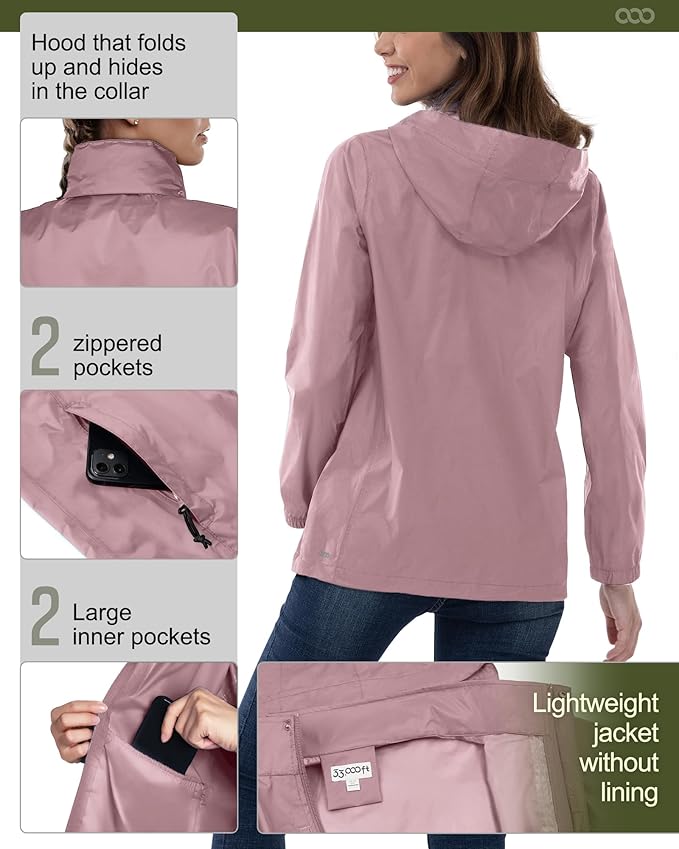 33,000ft Women's Rain Jacket Waterproof Lightweight Packable Raincoat with Hood for Golf Hiking Travel Windbreaker