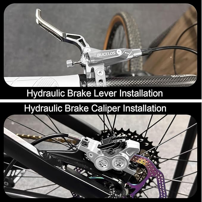 BUCKLOS MTB Hydraulic Disc Brake Set 4 Pistons Front 850mm and Rear 1550mm Hydraulic Brakes with Aluminum Alloy Lever with Caliper Ceramic Brake Pad Fit Mountain Bike,Ebike,Fat Bike HB-CP4 (Pre-Bled)