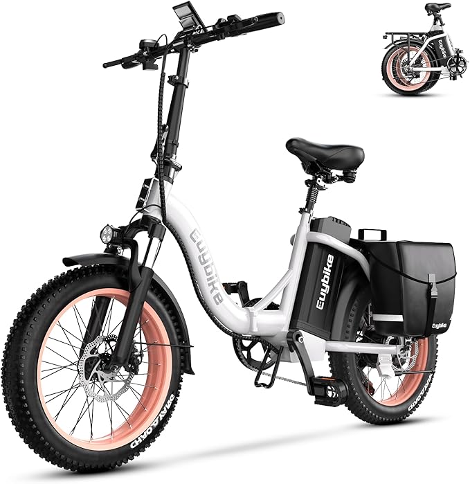 Folding Electric Bike for Adults with 1000W Peak Motor, 48V 20AH Battery up to 30MPH 80 Miles, 20" Fat Tire Ebike, Front Suspension Commuter Step-Thru E Bike Pink White with Saddle Bag, UL Certified