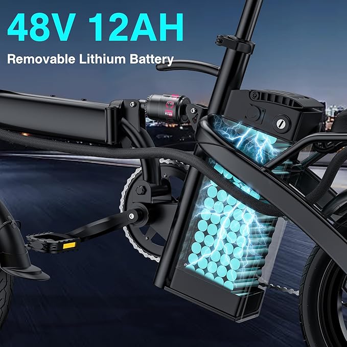 Electric Bike for Adults and Teens, 560-740W Motor, 20-25MPH Compact Commuter Folding Ebike, 32 Miles Range, 48V 10Ah Battery, 3-Level Pedal Assist, 14" Foldable Electric Bicycle, UL 2849 Certified