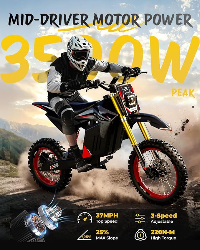 3500W Peak Electric Dirt Bike for Teens & Adults, 37MPH Electric Off-Road E-Bike with 48V 21Ah Battery, Up to 55 Miles Range, Dual Suspension, Hydraulic Brakes, 400LBS Load, Fit Age 13+
