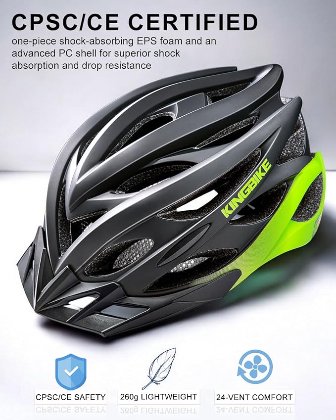 KINGBIKE Bike Helmet for Adult Men Women Youth Road Commute Mountain Cycling Helmets with USB Rechargeable Light Replaceable Padding and Visors Lightweight 20.4-23.6in
