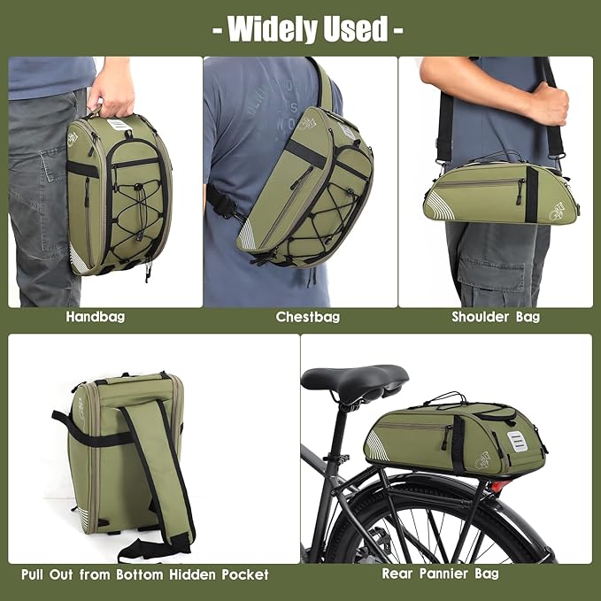 Rear Bike Rack Bag Waterproof Bike Bags with Reflector, Rain Cover & Shoulder Strap for Commuter Travel Outdoor, Green