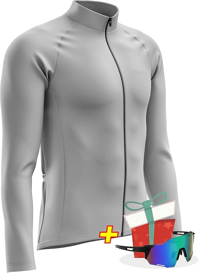Men's Cycling Jersey Moisture Wicking Long Sleeve Full Zip Bike Road Riding Biking Shirts+ Cycling Glasses