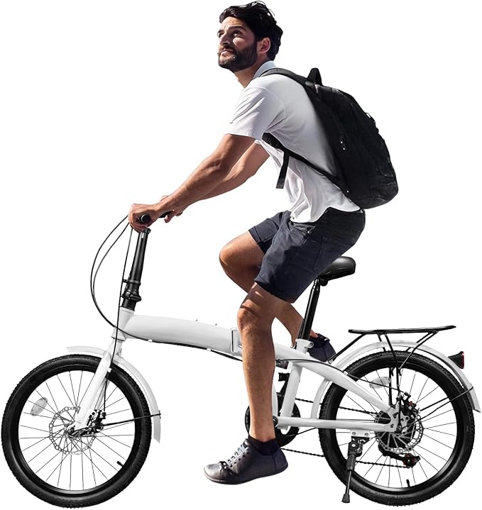 20 Inch Folding Bike 7 Speed Foldable Bicycle with Dual Disc Brakes Front Rear Fenders Adjustable Seat and Handlebar 176Lbs Capacity, Commuting City Bicycle