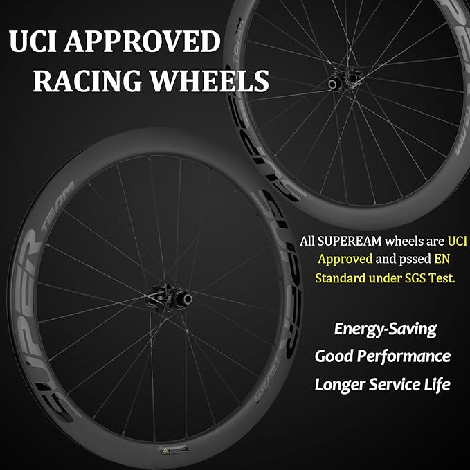 Superteam Carbon Wheelset Disc Brake 700c Road Bike Wheels 45/50/53mm Depth Tubeless Ready Cycling Wheels, for 8-12 Speed Center Lock / 6 Bolt, Thru Axle/QR Type