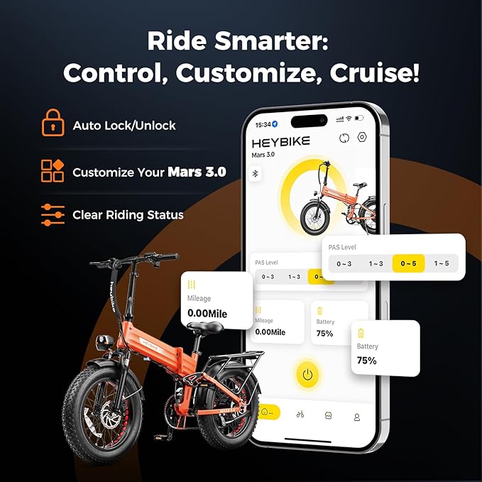 Heybike Mars 2.0/3.0 Foldable Electric Bike, UL2849 Certified, 70+Miles Long Range, 1400W/1800W Peak Motor 32MPH, 624WH Removable Battery, 20"*4 Fat Tire Ebike for Snow, Commute, Full Suspension
