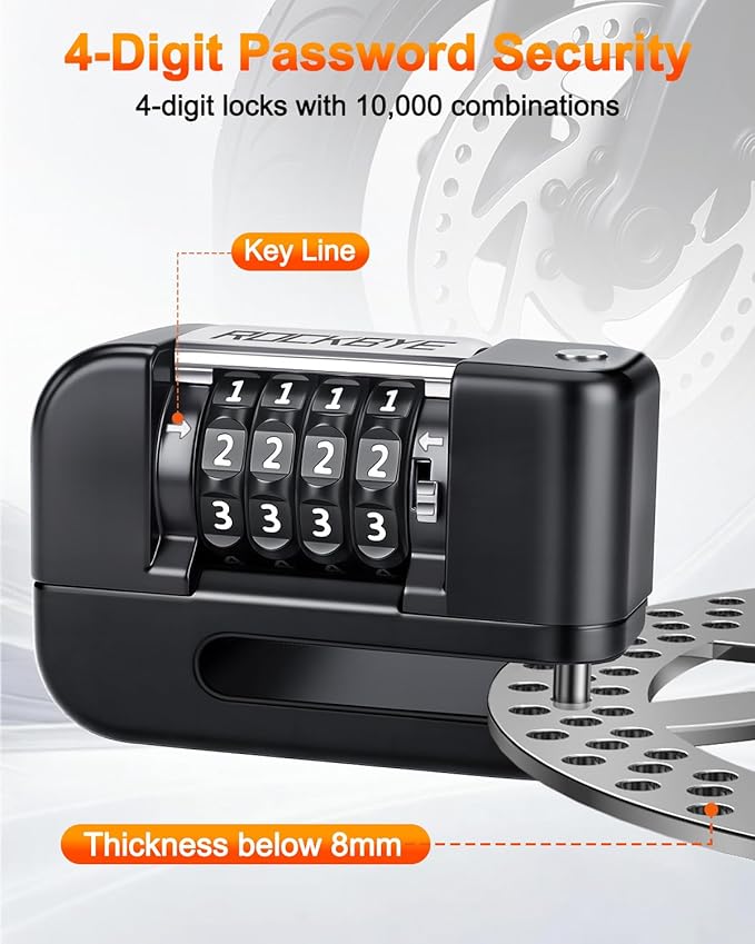 Motorcycle Locks Anti Theft, 4 Digit Combination Motorcycle Wheel Lock, Disc Brake Lock with 5FT Reminder Cable for E-Bikes, Motorcycles, Scooters & Mountain Bikes, Anti-Picking & Anti-Cut Design
