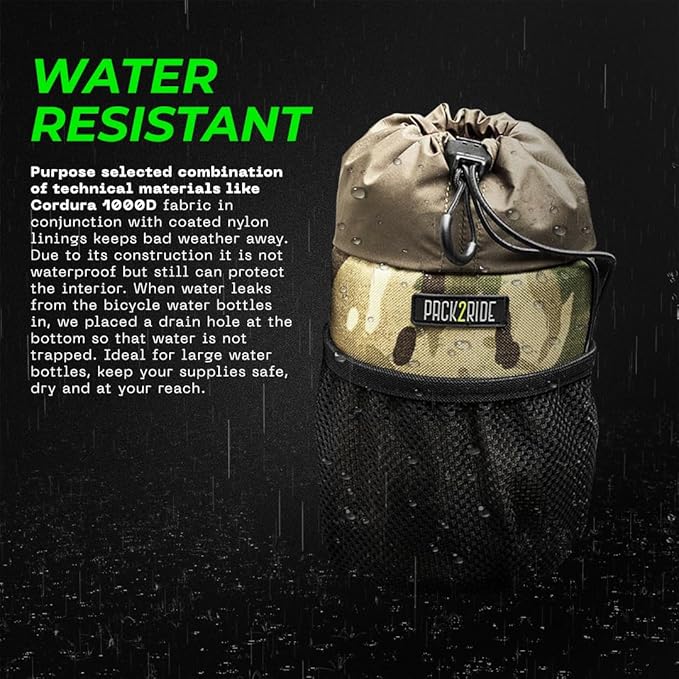 Bongo Bike Handlebar Bag - Water Resistant & Durable Fabric Bicycle Water Bottle Holder, Secure Attachment Bikepacking Stem Bag, One-Handed Access Feed Bag, Front Storage for Cycling - Camo