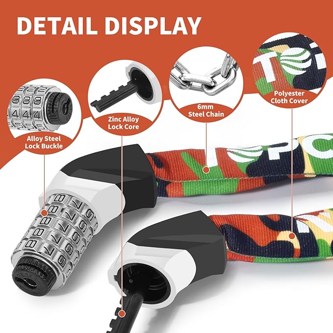 Bike Chain Lock Upgrade Metal Digital Dials 3.2Ft Long High Security Heavy Duty Anti Theft, 5 Digit Combination Keyless Bicycle Lock for Bike/Electric Scooter/Ebike/Motorcycle(Camouflage)