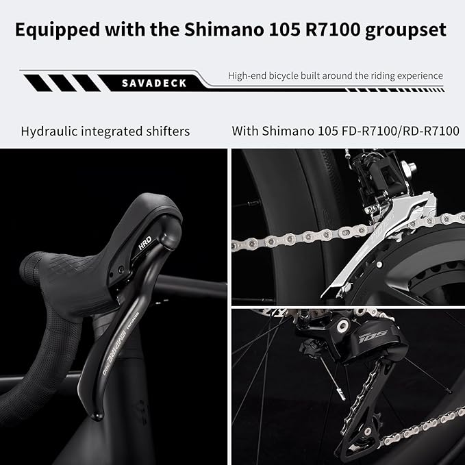 SAVADECK Road Bike with Carbon Front Fork and Wheelset, Aluminum Alloy Frame with Shimano 105 R7100 Groupset, Full Internal Cable Routing, Oil Disc Brake Adult Racing with 24S