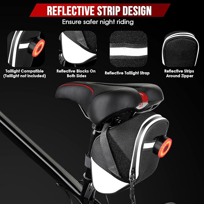 WOTOW Bike Saddle Bag - Waterproof Strap-on Bike Seat Bag - Reflective Bicycle Under Seat Storage Pouch for Road Mountain Bike Cycling Travel