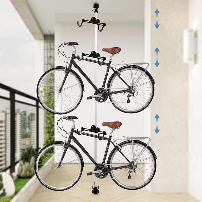 3-Bike Vertical Storage Rack, Adjustable Floor to Ceiling Bike Stand Holder with 3 Hooks, for Mountain Road Kids Bicycles in Garage, Indoor Use, 66 lbs Capacity
