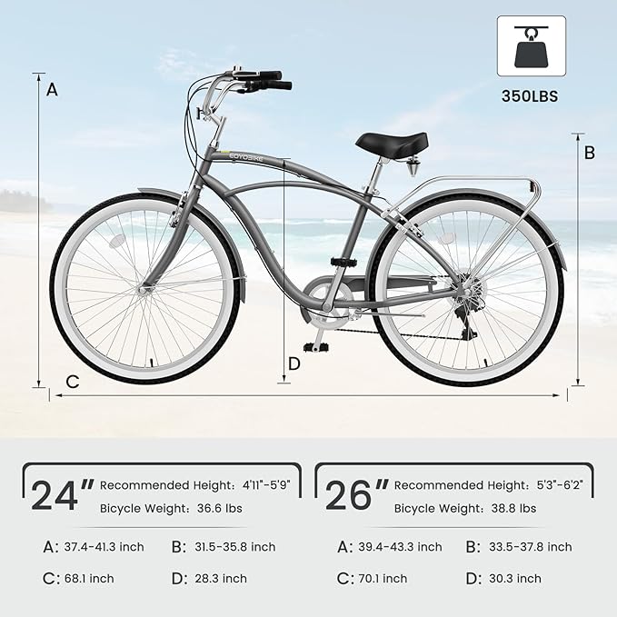 MOPHOTO 24" 26" Adult Bike 7-Speed Beach Cruiser Bike for Adults, Rear Rack, Fenders, Step-Through or Classic Frame