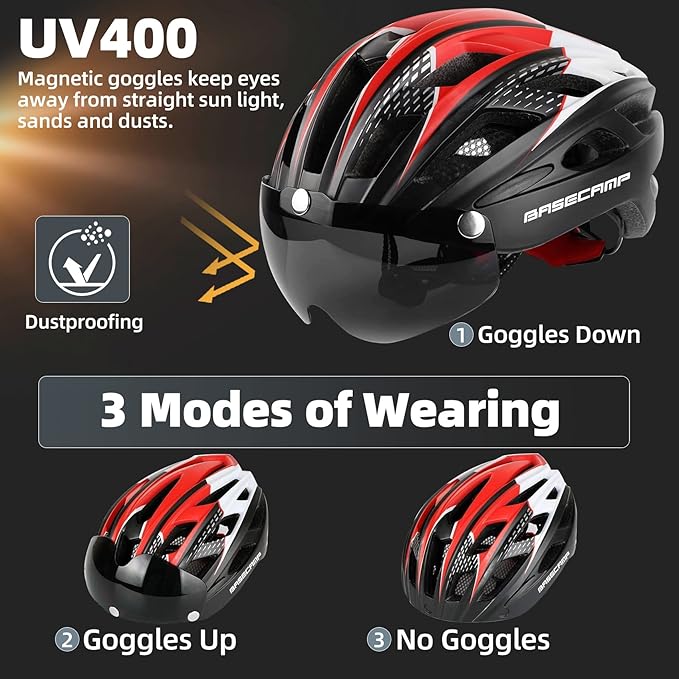 Bike Helmet, Basecamp Bicycle Helmet with Rear Light & Detachable Magnetic Goggles Lightweight Cycling Helmet Adjustable for Adult Men Women Mountain & Road (BC-069)
