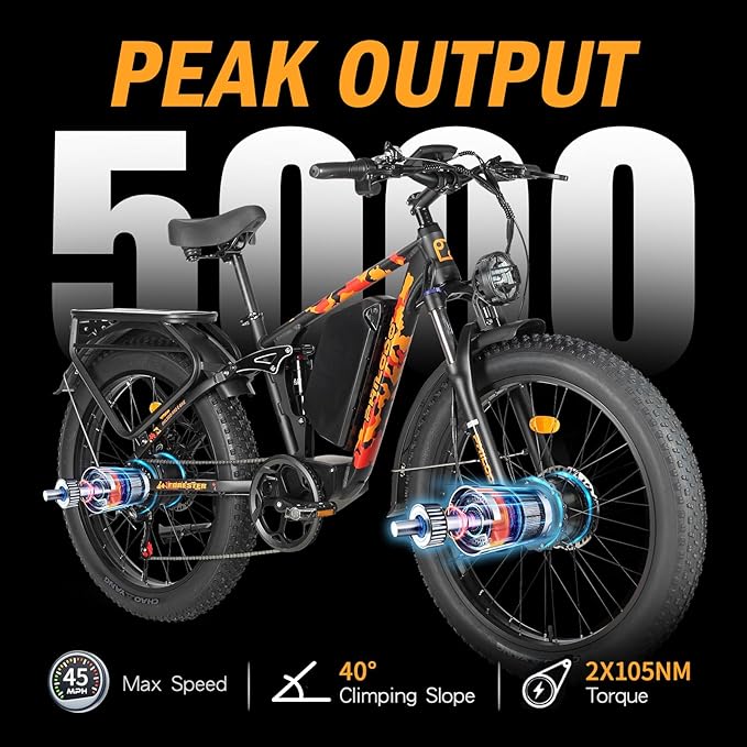 5000w Dual Motor Electric Bicycles, 60V Battery E-Bike with 45 MiIe P-Hour Electric Bike for Adults, 26 Fat Tire Hunting Ebike for All Terrain, Full Suspension Electric Ebike