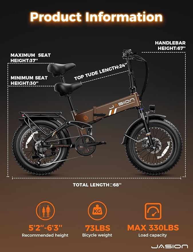 Jasion X Hunter/PRO Electric Bike for Adults,1800W/1400W Peak 20''Fat Tire Foldable Ebike,Folding E Bike Up to 80/70 Miles Range,720/624WH Removable Battery,30 MPH E Bike,Certified by UL2849