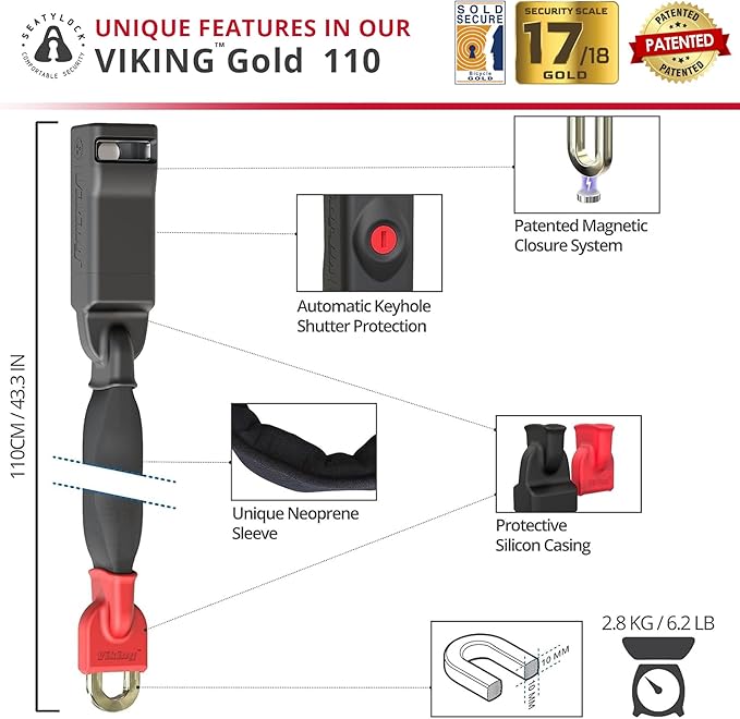 Seatylock Viking Bike Chain Lock with Key - Magnetic Patented Sold Secure Rated - Heavy Duty Anti Theft - Smart Ultra Security Bicycle Lock (43.31 Inch, Gold Rated)