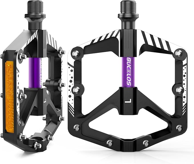 BUCKLOS Mountain Bike Flat Pedals Adult 9/16", Sealed Bearing Large Bicycle Pedal Aluminum Platform with Removable Anti-Skid Nails and Reflectors for MTB Road Gravel BMX Ebike Bikes