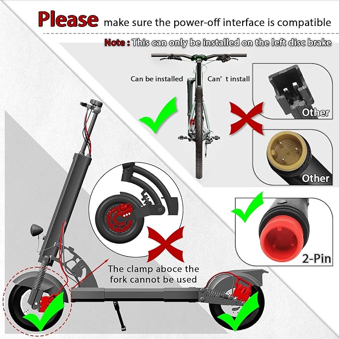 BUCKLOS Ebike Hydraulic Disc Brake Set with 180mm Rotors 2 Pistons Electric Power-Off Left Front 1100mm Right Rear 1800mm Aluminum Alloy Lever for Scooter/MTB Mountain Bike(Included Adapters)